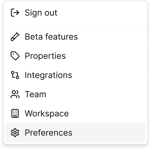Screenshot of AskElephant showing the Preferences menu option in the bottom-left corner