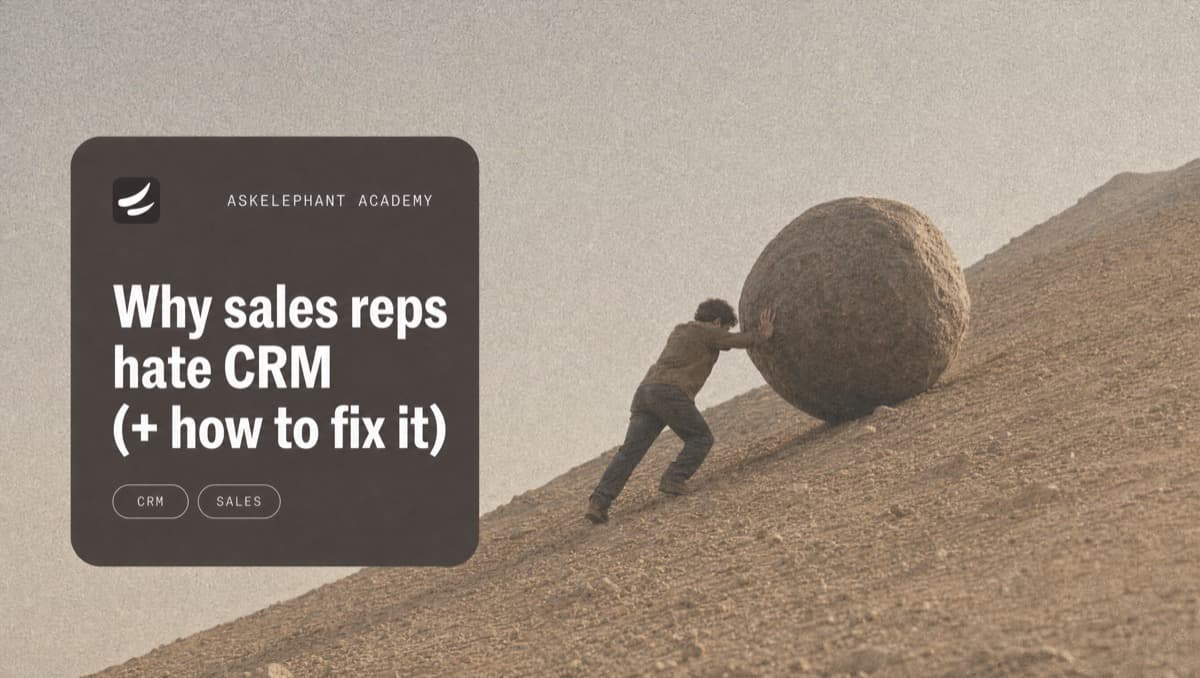 Frustrated sales rep staring at CRM fields while deals wait - illustrating the tension between data entry and selling